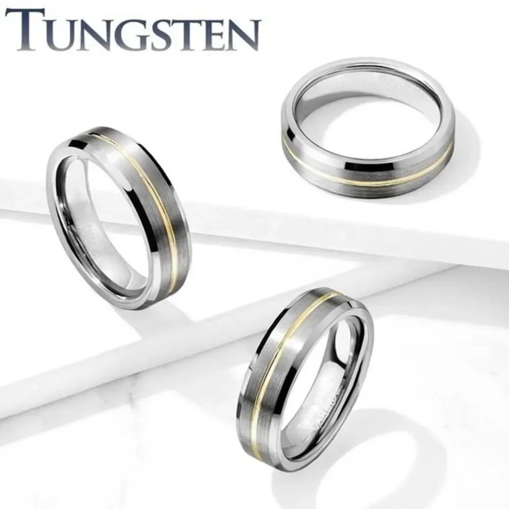 Brushed Finish Gold Groove‎ Beveled Edges Tungsten Carbide Ring. Size 10 6mm